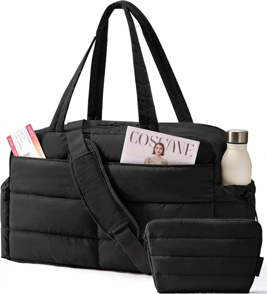 Translation missing: en.Gym Bag for Women, Lightweight Puffer Duffle Bag 2-PC Travel Bag, 31L Weekender Overnight Bag Quilted Carry On Tote Bag, Diaper Hospital Dance bag for Travel, Gym, Water Resistant, Black