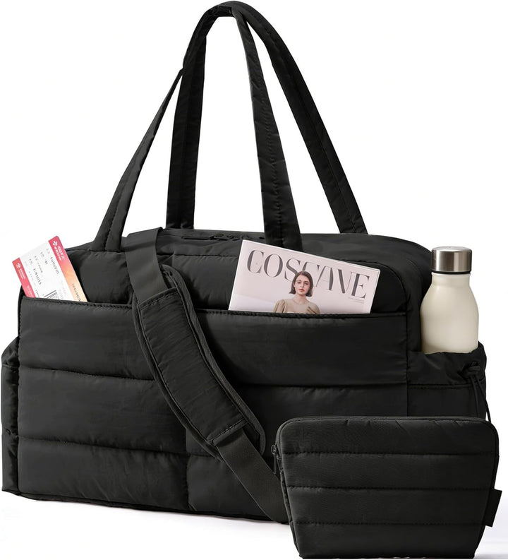 Translation missing: en.Gym Bag for Women, Lightweight Puffer Duffle Bag 2-PC Travel Bag, 31L Weekender Overnight Bag Quilted Carry On Tote Bag, Diaper Hospital Dance bag for Travel, Gym, Water Resistant, Black