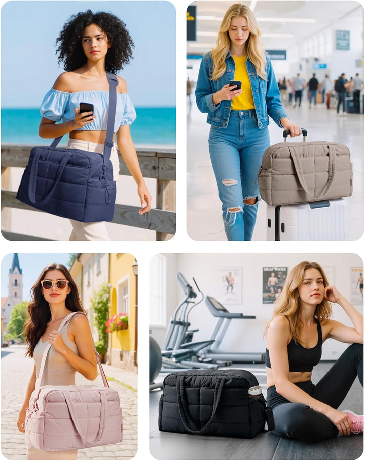 Translation missing: en.Gym Bag for Women, Lightweight Puffer Duffle Bag 2-PC Travel Bag, 31L Weekender Overnight Bag Quilted Carry On Tote Bag, Diaper Hospital Dance bag for Travel, Gym, Water Resistant, Black