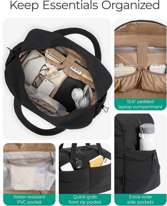 Translation missing: en.Gym Bag for Women, Lightweight Puffer Duffle Bag 2-PC Travel Bag, 31L Weekender Overnight Bag Quilted Carry On Tote Bag, Diaper Hospital Dance bag for Travel, Gym, Water Resistant, Black