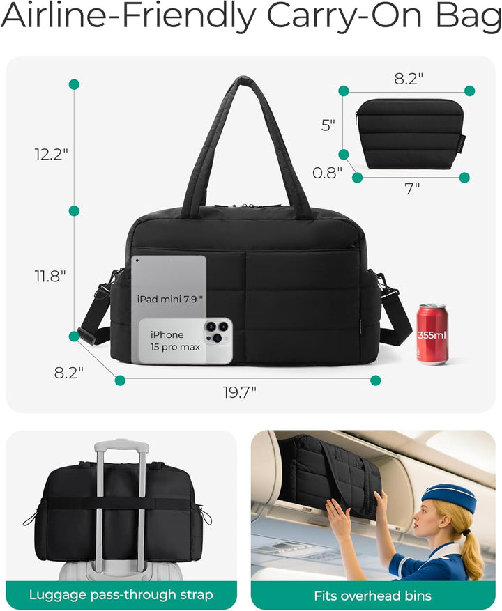 Translation missing: en.Gym Bag for Women, Lightweight Puffer Duffle Bag 2-PC Travel Bag, 31L Weekender Overnight Bag Quilted Carry On Tote Bag, Diaper Hospital Dance bag for Travel, Gym, Water Resistant, Black