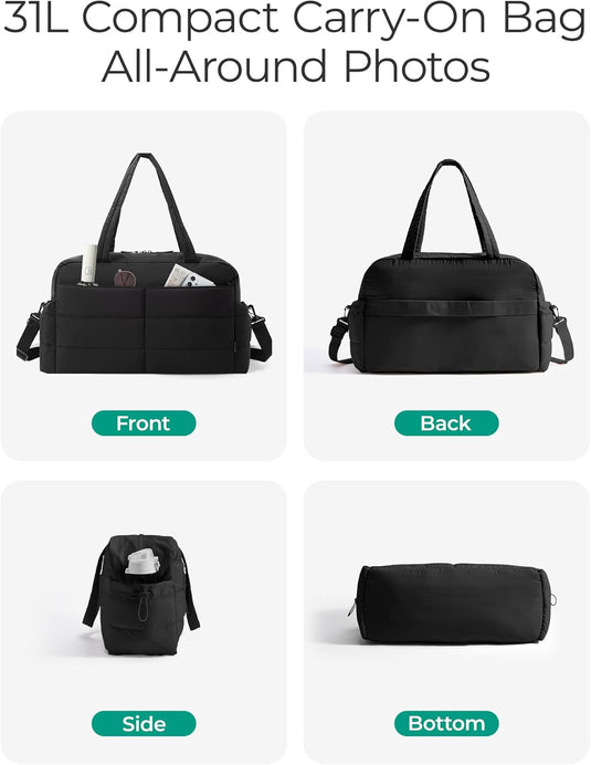 Translation missing: en.Gym Bag for Women, Lightweight Puffer Duffle Bag 2-PC Travel Bag, 31L Weekender Overnight Bag Quilted Carry On Tote Bag, Diaper Hospital Dance bag for Travel, Gym, Water Resistant, Black