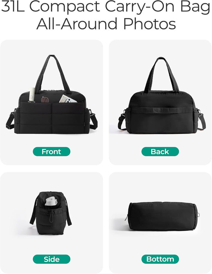 Translation missing: en.Gym Bag for Women, Lightweight Puffer Duffle Bag 2-PC Travel Bag, 31L Weekender Overnight Bag Quilted Carry On Tote Bag, Diaper Hospital Dance bag for Travel, Gym, Water Resistant, Black