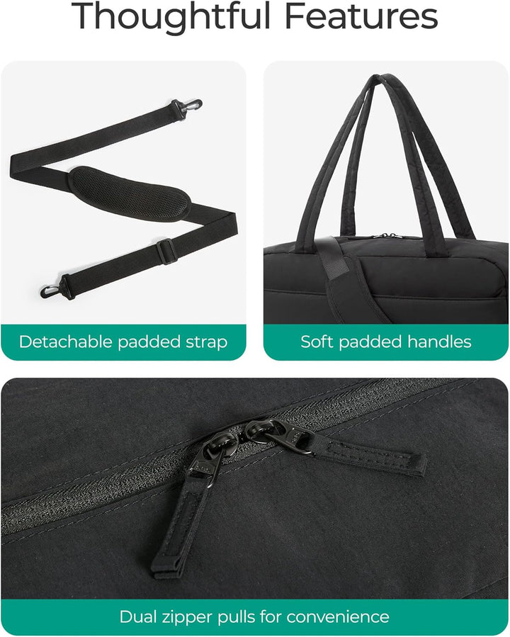 Translation missing: en.Gym Bag for Women, Lightweight Puffer Duffle Bag 2-PC Travel Bag, 31L Weekender Overnight Bag Quilted Carry On Tote Bag, Diaper Hospital Dance bag for Travel, Gym, Water Resistant, Black