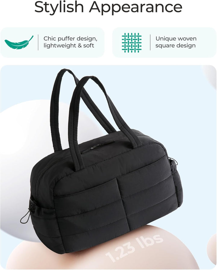 Translation missing: en.Gym Bag for Women, Lightweight Puffer Duffle Bag 2-PC Travel Bag, 31L Weekender Overnight Bag Quilted Carry On Tote Bag, Diaper Hospital Dance bag for Travel, Gym, Water Resistant, Black