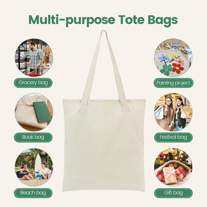Translation missing: en.12 Pack Canvas Tote Bag - Lightweight Thin Tote Bags Bulk Blank Shopping Reusable Grocery Bags for DIY Gift Sublimation Activity - Beige