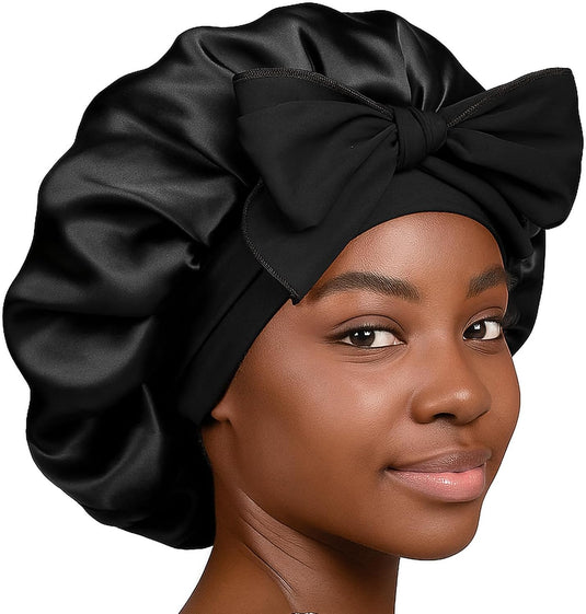 Translation missing: en.Silk Bonnet for Sleeping Women, Satin Bonnet Double Layer Satin Lined Night Sleep Hair Cap for Curly Hair with Tie Band Black