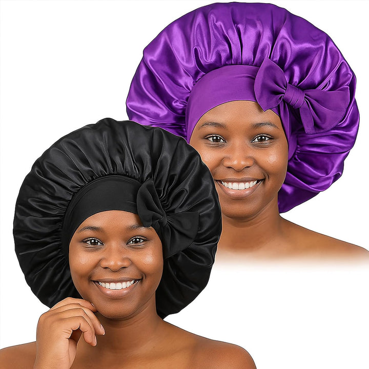 Translation missing: en.2PCS Silk Bonnet for Sleeping Women, Satin Bonnet Night Sleep Hair Cap for Curly Hair with Tie Band (Black+Purple)