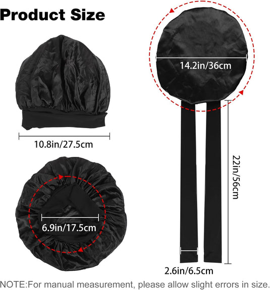 Translation missing: en.2PCS Silk Bonnet for Sleeping Women, Satin Bonnet Night Sleep Hair Cap for Curly Hair with Tie Band (Black+Purple)