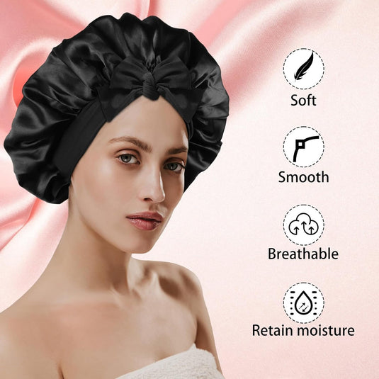Translation missing: en.2PCS Silk Bonnet for Sleeping Women, Satin Bonnet Night Sleep Hair Cap for Curly Hair with Tie Band (Black+Purple)