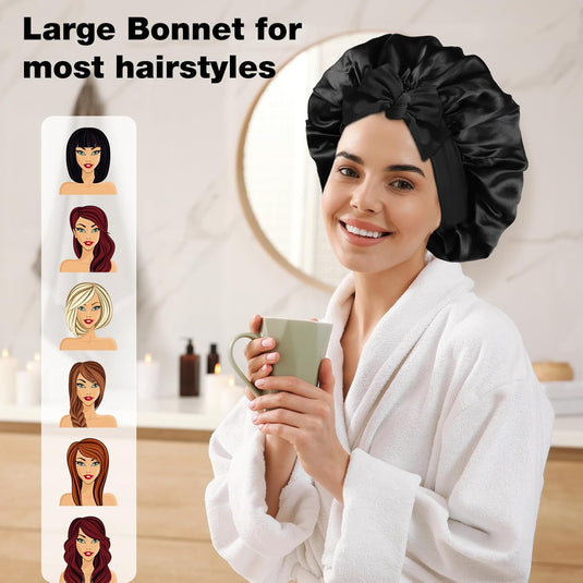 Translation missing: en.2PCS Silk Bonnet for Sleeping Women, Satin Bonnet Night Sleep Hair Cap for Curly Hair with Tie Band (Black+Purple)