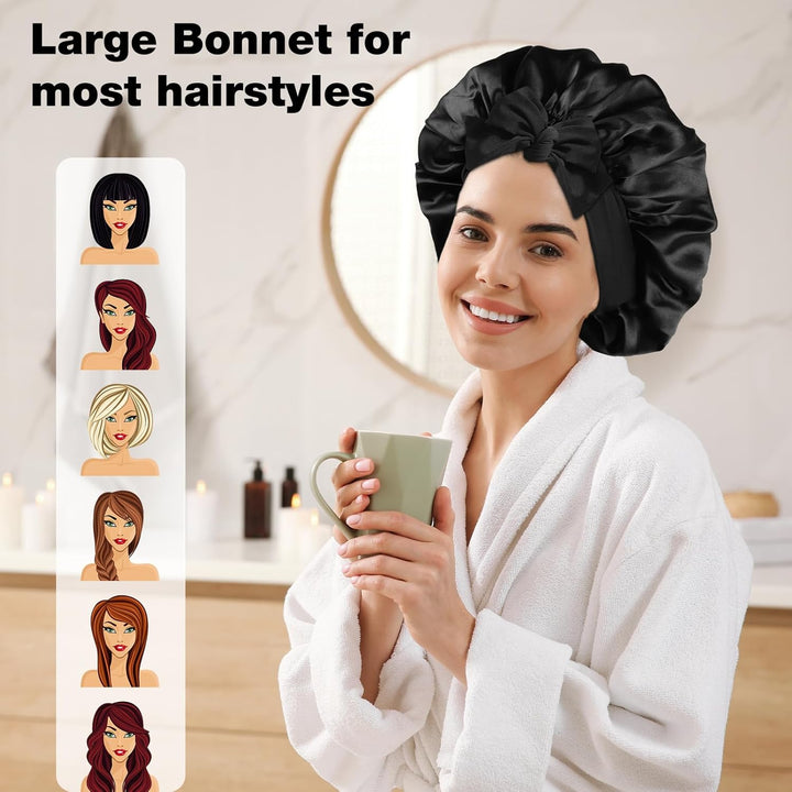 Translation missing: en.2PCS Silk Bonnet for Sleeping Women, Satin Bonnet Night Sleep Hair Cap for Curly Hair with Tie Band (Black+Purple)