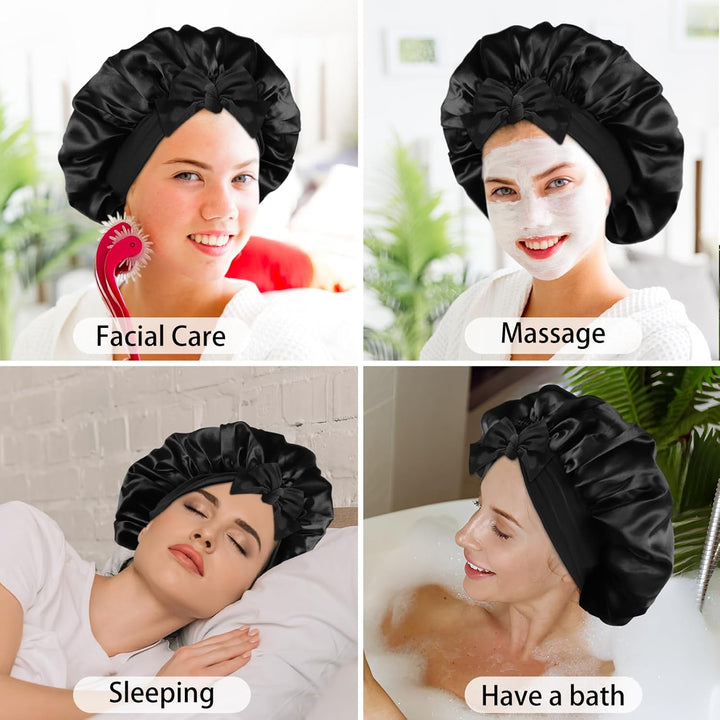 Translation missing: en.2PCS Silk Bonnet for Sleeping Women, Satin Bonnet Night Sleep Hair Cap for Curly Hair with Tie Band (Black+Purple)