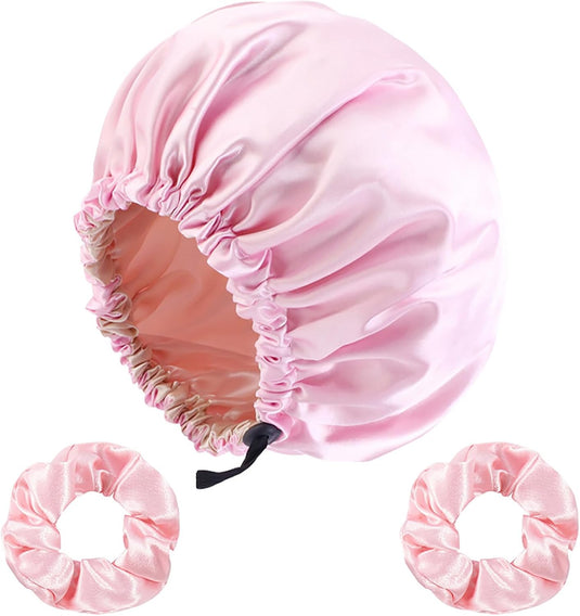 Translation missing: en.Satin Bonnet Silk Hair Cap for Sleeping, Adjustable Double layer Reversible Satin Sleep Cap with Hair Ties (Pink)