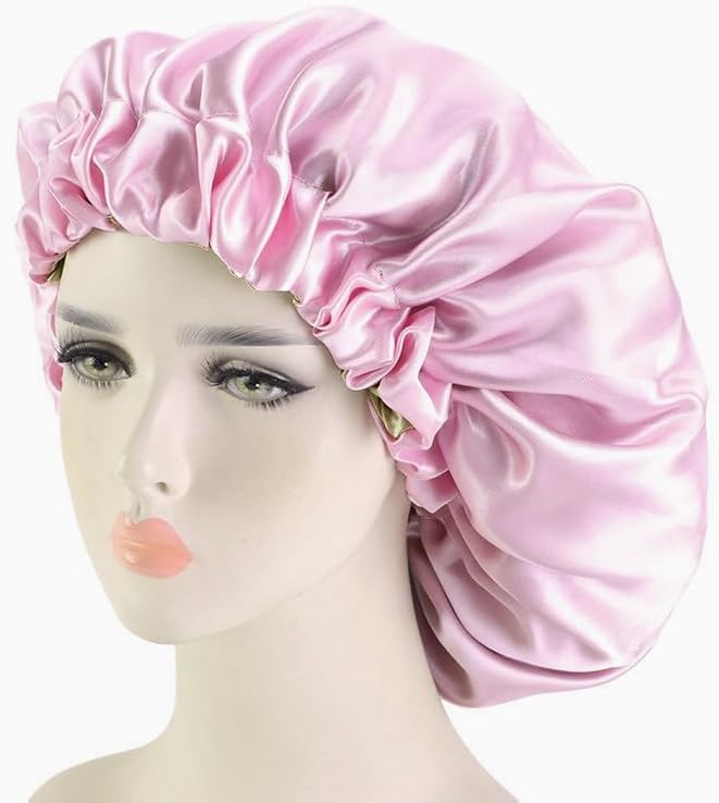 Translation missing: en.Satin Bonnet Silk Hair Cap for Sleeping, Adjustable Double layer Reversible Satin Sleep Cap with Hair Ties (Pink)
