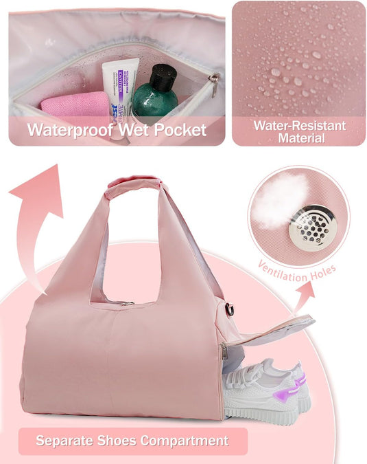 Translation missing: en.Gym Bag for Women with Shoe Compartment Yoga Mat Bag with Wet Pocket and Water Bottle Holder Weekender Bag with Strap