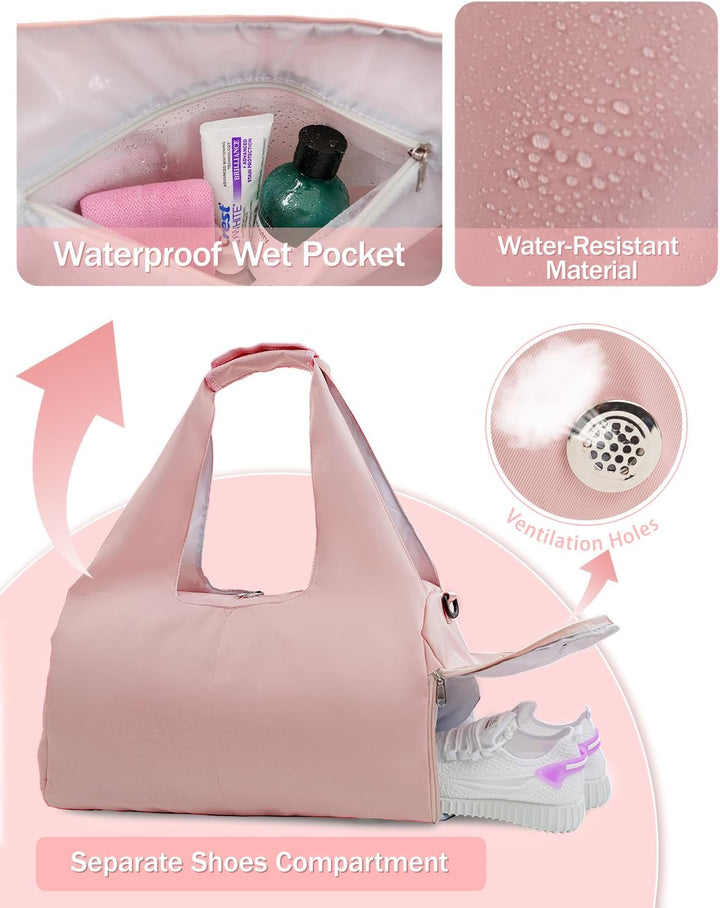 Translation missing: en.Gym Bag for Women with Shoe Compartment Yoga Mat Bag with Wet Pocket and Water Bottle Holder Weekender Bag with Strap