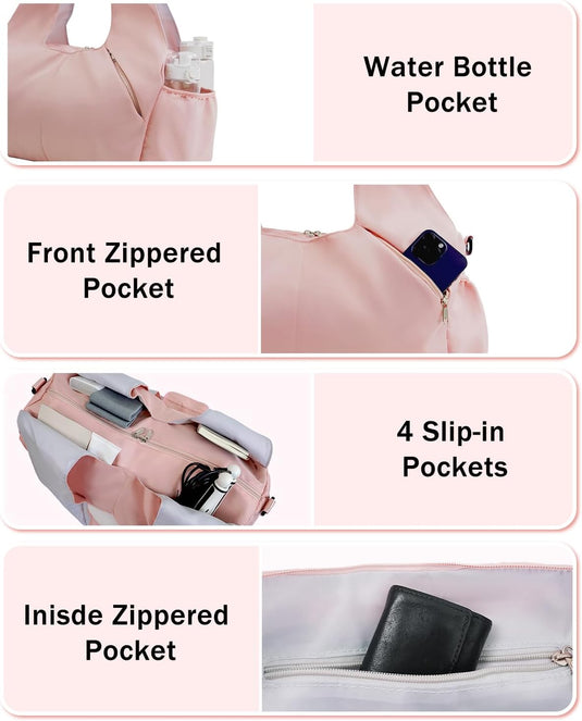 Translation missing: en.Gym Bag for Women with Shoe Compartment Yoga Mat Bag with Wet Pocket and Water Bottle Holder Weekender Bag with Strap