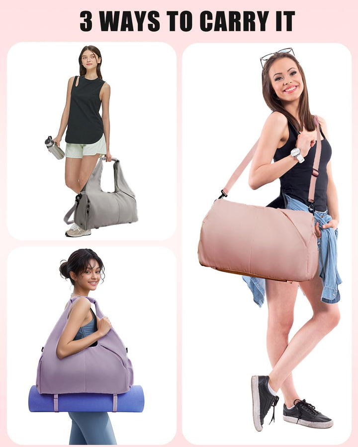 Translation missing: en.Gym Bag for Women with Shoe Compartment Yoga Mat Bag with Wet Pocket and Water Bottle Holder Weekender Bag with Strap