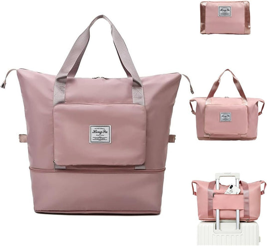 Translation missing: en.Foldable Travel Duffel Bag for Women, Large Capacity Folding Sports Gym Bag, Lightweight Waterproof Bag Holdall Tote Carry on Hand Luggage Overnight Weekender Bag Hospital Bag for Men Women (Pink)