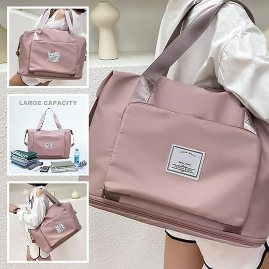 Translation missing: en.Foldable Travel Duffel Bag for Women, Large Capacity Folding Sports Gym Bag, Lightweight Waterproof Bag Holdall Tote Carry on Hand Luggage Overnight Weekender Bag Hospital Bag for Men Women (Pink)