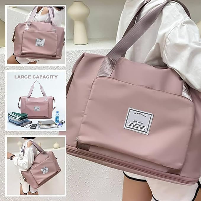 Translation missing: en.Foldable Travel Duffel Bag for Women, Large Capacity Folding Sports Gym Bag, Lightweight Waterproof Bag Holdall Tote Carry on Hand Luggage Overnight Weekender Bag Hospital Bag for Men Women (Pink)