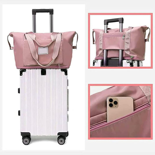 Translation missing: en.Foldable Travel Duffel Bag for Women, Large Capacity Folding Sports Gym Bag, Lightweight Waterproof Bag Holdall Tote Carry on Hand Luggage Overnight Weekender Bag Hospital Bag for Men Women (Pink)