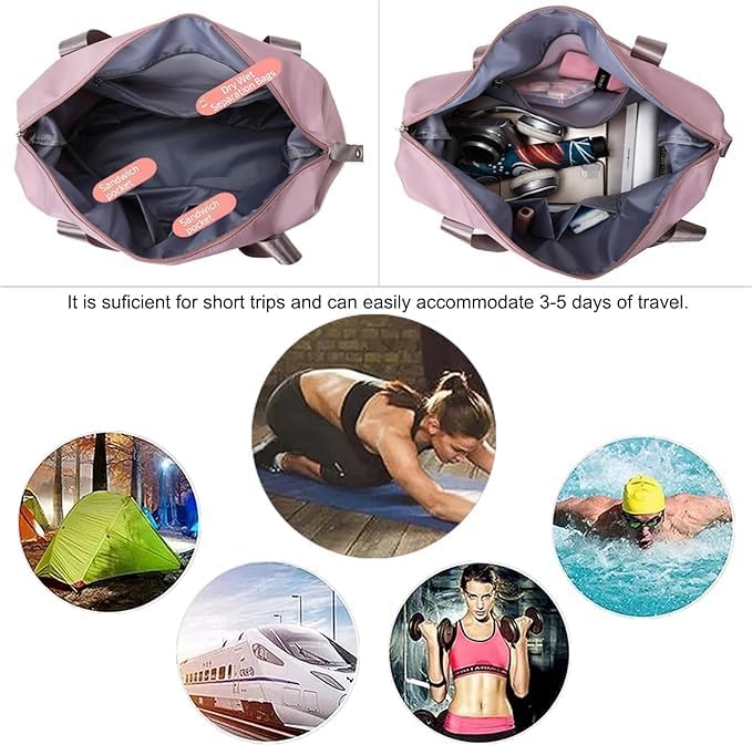 Translation missing: en.Foldable Travel Duffel Bag for Women, Large Capacity Folding Sports Gym Bag, Lightweight Waterproof Bag Holdall Tote Carry on Hand Luggage Overnight Weekender Bag Hospital Bag for Men Women (Pink)
