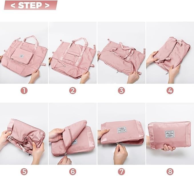 Translation missing: en.Foldable Travel Duffel Bag for Women, Large Capacity Folding Sports Gym Bag, Lightweight Waterproof Bag Holdall Tote Carry on Hand Luggage Overnight Weekender Bag Hospital Bag for Men Women (Pink)
