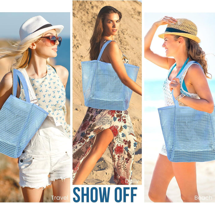 Translation missing: en.Beach Bags or Women, Summer Travel Mesh Tote Bag with Large Inner Pocket, Sandproo Woven Shoulder Handbag Swim Pool Bag, Suit or amily Vacation Essentials