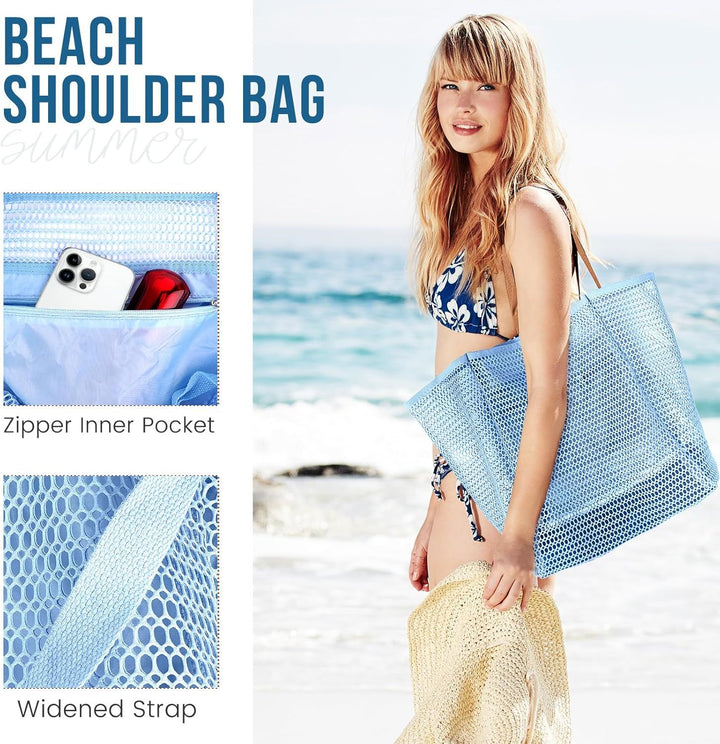 Translation missing: en.Beach Bags or Women, Summer Travel Mesh Tote Bag with Large Inner Pocket, Sandproo Woven Shoulder Handbag Swim Pool Bag, Suit or amily Vacation Essentials