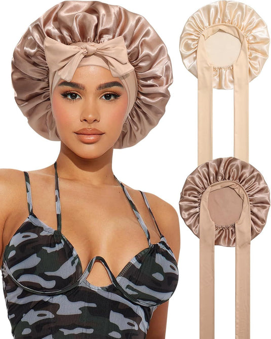 Translation missing: en.2PCS Satin Bonnets Silk Bonnet or Sleeping Women Curly Hair Bonnet with Tie Band Bonnets Sleep Cap