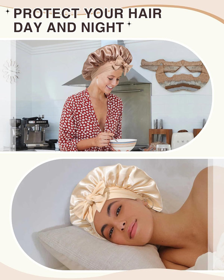 Translation missing: en.2PCS Satin Bonnets Silk Bonnet or Sleeping Women Curly Hair Bonnet with Tie Band Bonnets Sleep Cap