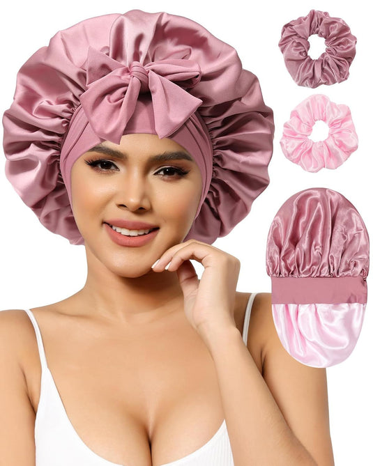 Translation missing: en.Satin Bonnets Silk Bonnet or Sleeping Women Hair Bonnet or Curly Hair Sleep Cap Reversible Double Layer Bonnets with Tie Band (Bean Paste Pink Bonnet + Satin Scrunchies)