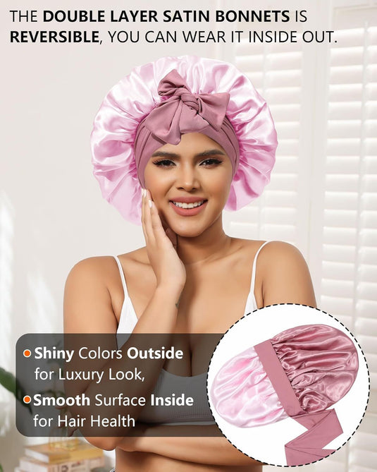 Translation missing: en.Satin Bonnets Silk Bonnet or Sleeping Women Hair Bonnet or Curly Hair Sleep Cap Reversible Double Layer Bonnets with Tie Band (Bean Paste Pink Bonnet + Satin Scrunchies)