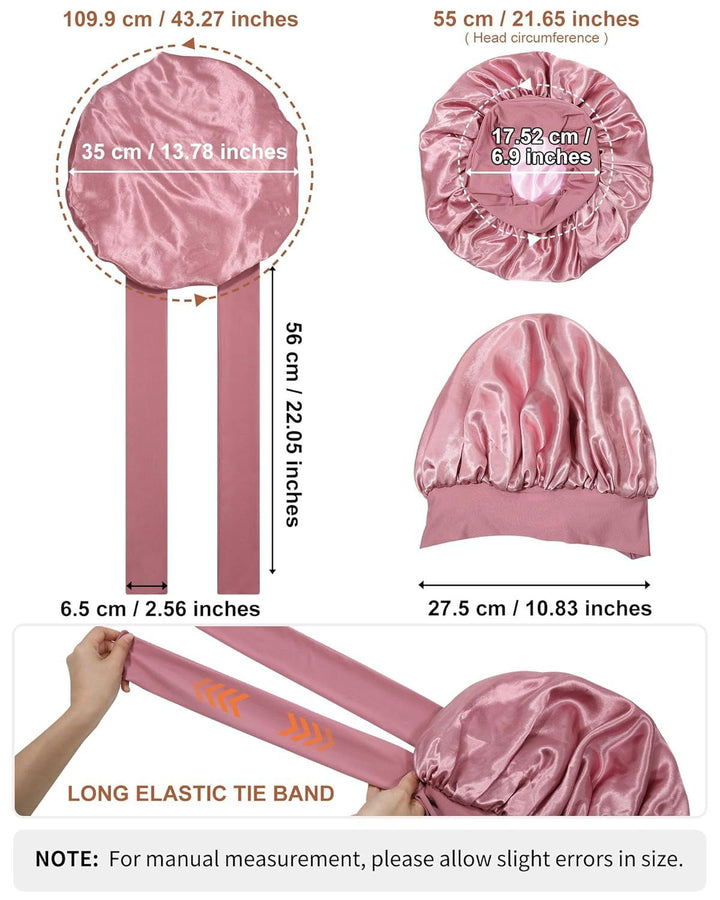 Translation missing: en.Satin Bonnets Silk Bonnet or Sleeping Women Hair Bonnet or Curly Hair Sleep Cap Reversible Double Layer Bonnets with Tie Band (Bean Paste Pink Bonnet + Satin Scrunchies)