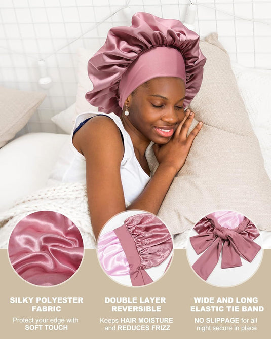 Translation missing: en.Satin Bonnets Silk Bonnet or Sleeping Women Hair Bonnet or Curly Hair Sleep Cap Reversible Double Layer Bonnets with Tie Band (Bean Paste Pink Bonnet + Satin Scrunchies)