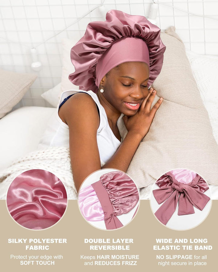 Translation missing: en.Satin Bonnets Silk Bonnet or Sleeping Women Hair Bonnet or Curly Hair Sleep Cap Reversible Double Layer Bonnets with Tie Band (Bean Paste Pink Bonnet + Satin Scrunchies)
