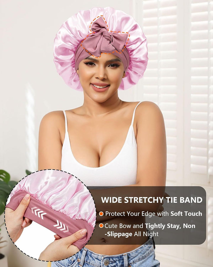 Translation missing: en.Satin Bonnets Silk Bonnet or Sleeping Women Hair Bonnet or Curly Hair Sleep Cap Reversible Double Layer Bonnets with Tie Band (Bean Paste Pink Bonnet + Satin Scrunchies)
