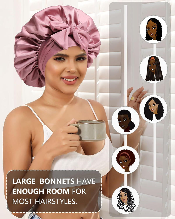 Translation missing: en.Satin Bonnets Silk Bonnet or Sleeping Women Hair Bonnet or Curly Hair Sleep Cap Reversible Double Layer Bonnets with Tie Band (Bean Paste Pink Bonnet + Satin Scrunchies)