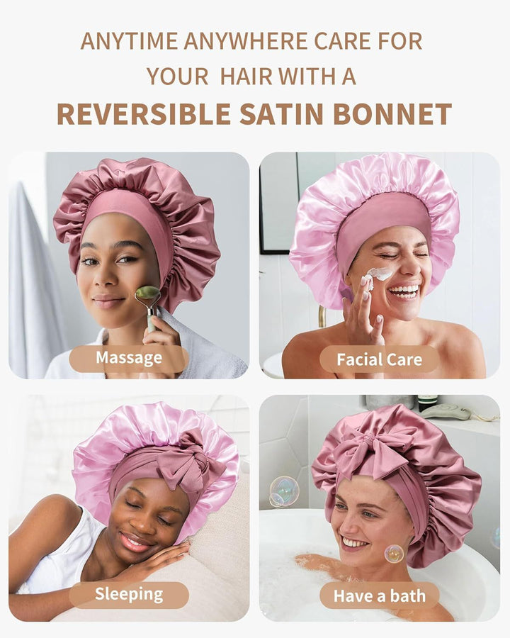 Translation missing: en.Satin Bonnets Silk Bonnet or Sleeping Women Hair Bonnet or Curly Hair Sleep Cap Reversible Double Layer Bonnets with Tie Band (Bean Paste Pink Bonnet + Satin Scrunchies)