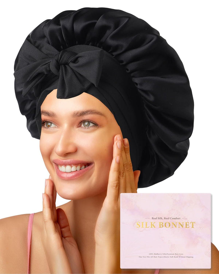 Translation missing: en.100% Mulberry Silk Hair Bonnet or Women Sleeping with Tie Band 19 Momme Silk Sleep Cap Night (US, Alpha, One Size, Black)