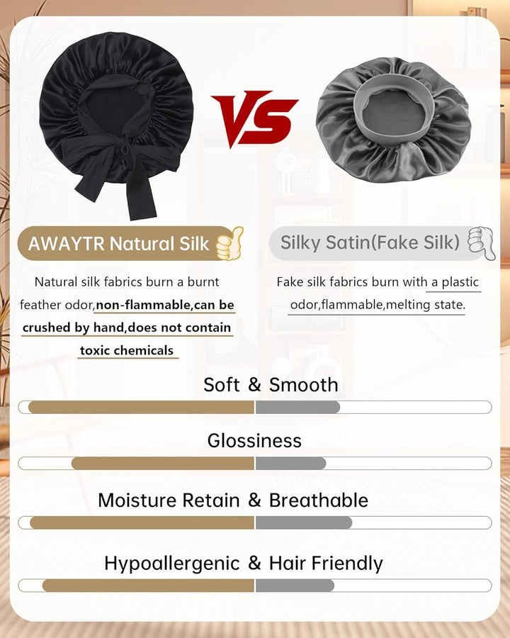 Translation missing: en.100% Mulberry Silk Hair Bonnet or Women Sleeping with Tie Band 19 Momme Silk Sleep Cap Night (US, Alpha, One Size, Black)