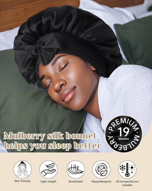 Translation missing: en.100% Mulberry Silk Hair Bonnet or Women Sleeping with Tie Band 19 Momme Silk Sleep Cap Night (US, Alpha, One Size, Black)