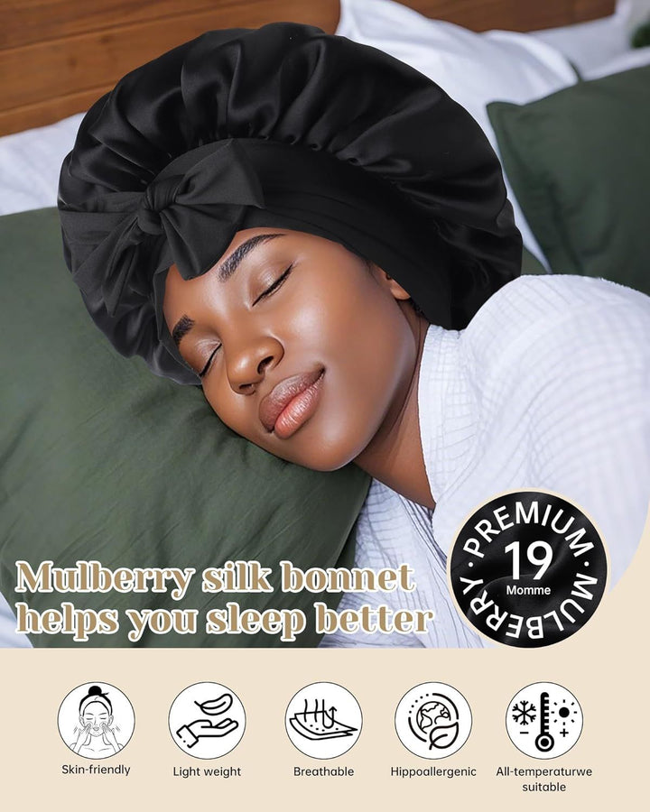 Translation missing: en.100% Mulberry Silk Hair Bonnet or Women Sleeping with Tie Band 19 Momme Silk Sleep Cap Night (US, Alpha, One Size, Black)