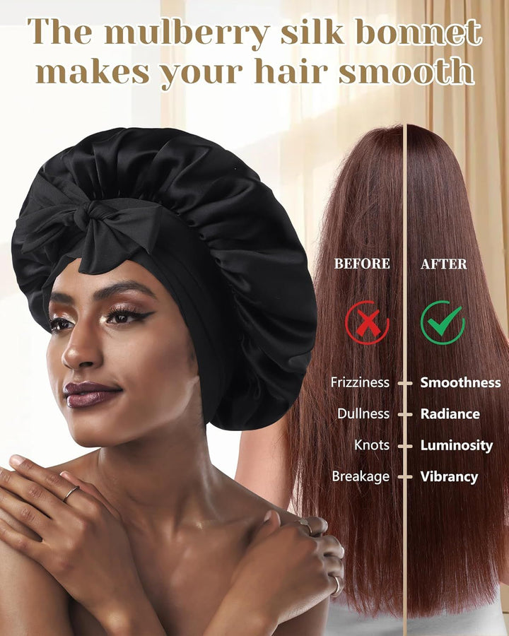 Translation missing: en.100% Mulberry Silk Hair Bonnet or Women Sleeping with Tie Band 19 Momme Silk Sleep Cap Night (US, Alpha, One Size, Black)