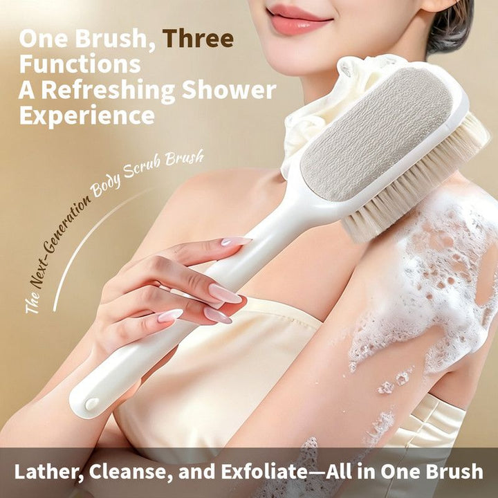 Translation missing: en.3-in-1 Multi-Functional Long-Handled Body Scrub Brush: Bath Sponge + Soft-Bristle Brush + Washcloth All-in-One, Home Exfoliating Bath Brush, Back Scrubber—White