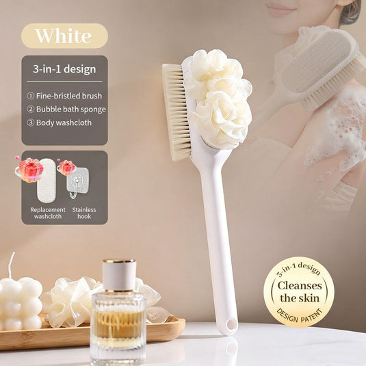 Translation missing: en.3-in-1 Multi-Functional Long-Handled Body Scrub Brush: Bath Sponge + Soft-Bristle Brush + Washcloth All-in-One, Home Exfoliating Bath Brush, Back Scrubber—White