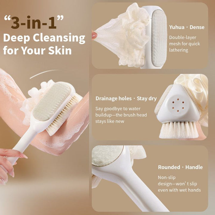 Translation missing: en.3-in-1 Multi-Functional Long-Handled Body Scrub Brush: Bath Sponge + Soft-Bristle Brush + Washcloth All-in-One, Home Exfoliating Bath Brush, Back Scrubber—White