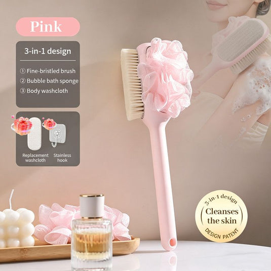 Translation missing: en.3-in-1 Multi-Functional Long-Handled Body Scrub Brush, Combining Bath Sponge + Soft-Bristle Brush + Washcloth in One, Home Exfoliating Bath Brush, Back Scrubber - Pink